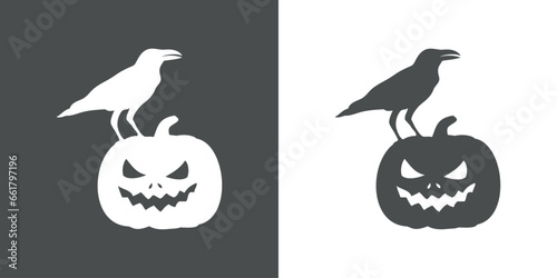 Logo con silueta de cuervo negro en calabaza de Halloween Jack O Lantern para su uso en felicitaciones y tarjetas