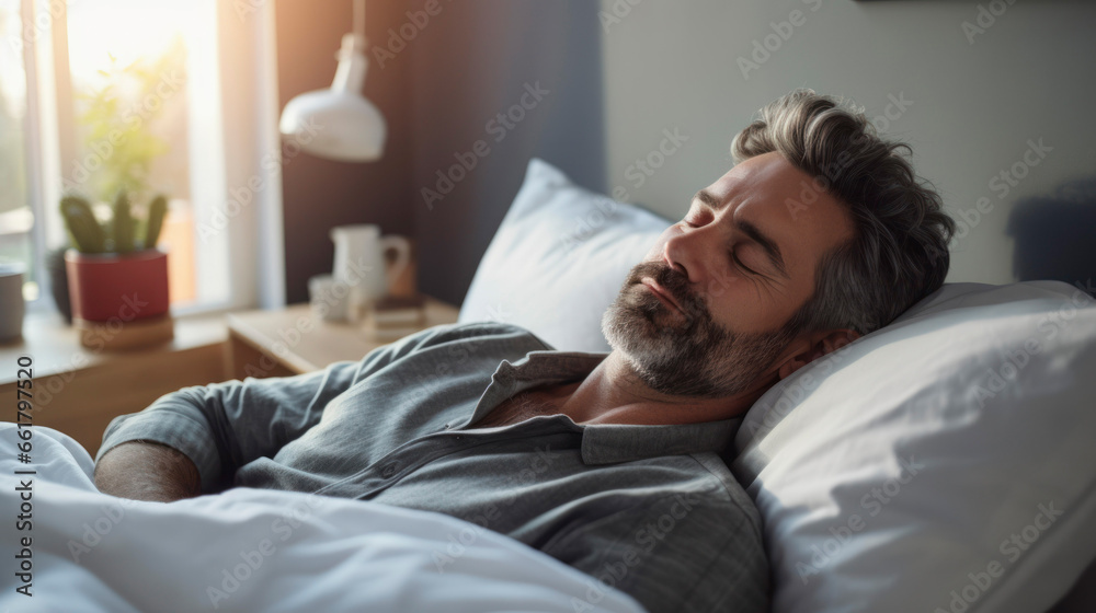 Man lying in bedroom with a good sleep as healthy and well being concept Man lying in bedroom with a good sleep as healthy and well being concept