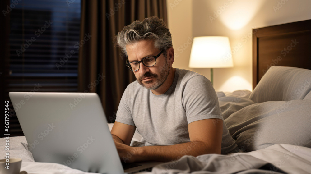 Man lying on bed using laptop computer while working in hotel room as travel business concept Man lying on bed using laptop computer while working in hotel room as travel business concept