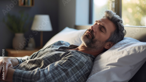 Man lying in bedroom with a good sleep as healthy and well being concept