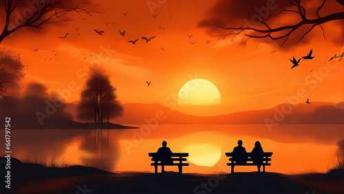 Silhouette of people sitting on a bench near a lake and watching sunset.