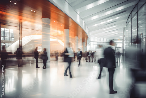 Long exposure Photo of a crowd of Businessmen walking inside a Modern Building - Business and Office concept, Contemporary, Financial Professionals, Growth, Organization, Travelling, Airport