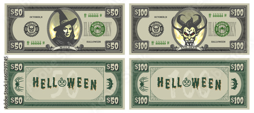 Vector set of Halloween game money. Banknotes in denominations of 50 and 100 dollars. Portraits in an oval of a Witch in a hat and an evil devil. Part 4