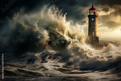 Lighthouse against tumultuous ocean. Generative AI