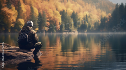 a man fisherman sits on a stone on the shore of a lake catches fish and a beautiful autumn forest is in the background