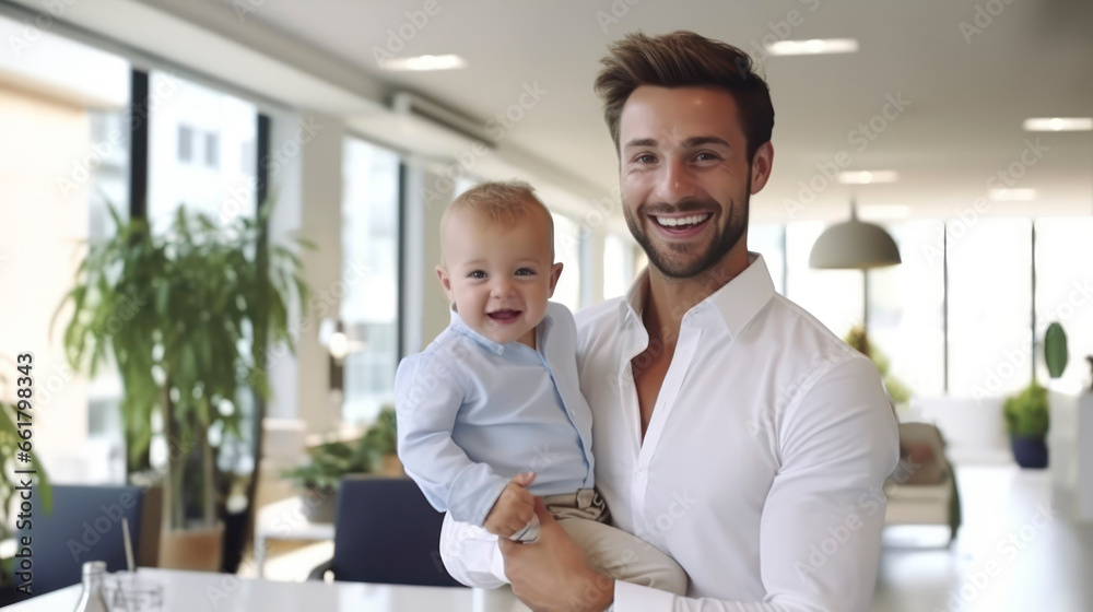 Obraz premium Father smile and hold his little son at home