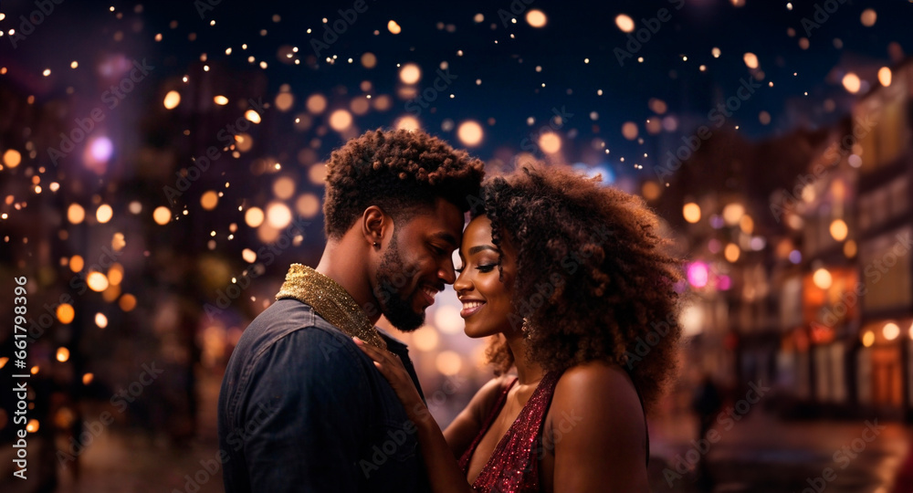 African american model couple, happy smiling man and woman in love, golden bokeh background, outdoors at night. Concept of party, disco, new year, dinner, desire, christmas, bridal, celebration, night
