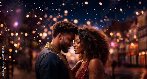 African american model couple, happy smiling man and woman in love, golden bokeh background, outdoors at night. Concept of party, disco, new year, dinner, desire, christmas, bridal, celebration, night