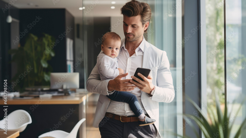 Obraz premium Male entrepreneur using smart phone for work while carrying cute baby