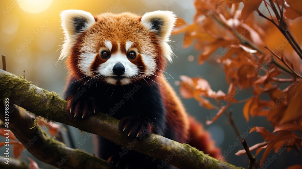 Obraz premium beautiful little panda on a branch with yellow autumn leaves