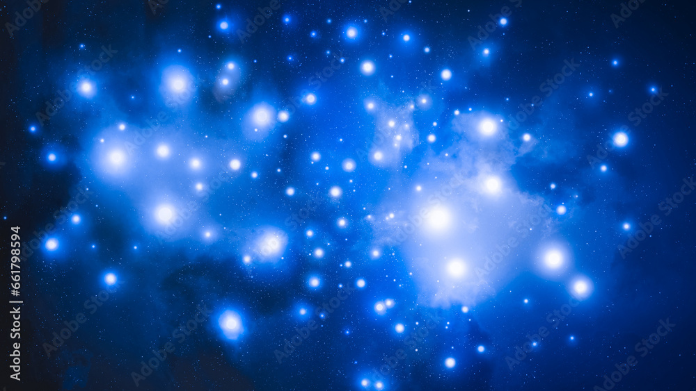 A beautiful constellation of blue stars. A large cluster of bright young stars. Pleiades in deep space.