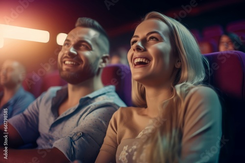 Happy couple watching movie. Couple date together time at cinema. Generate ai