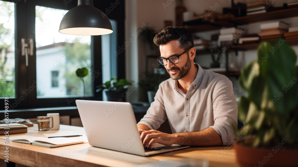 Male freelancer working on laptop at home or work from home concept Male freelancer working on laptop at home or work from home concept