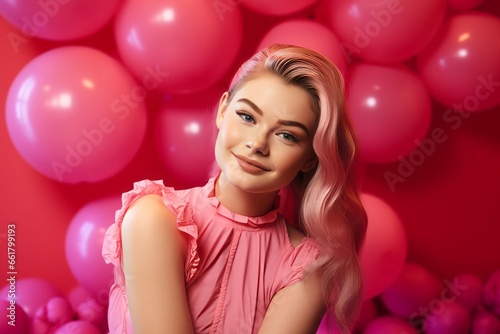 Lively woman with pink balloons wall. Celebration party pinky decoration balloons. Generate ai