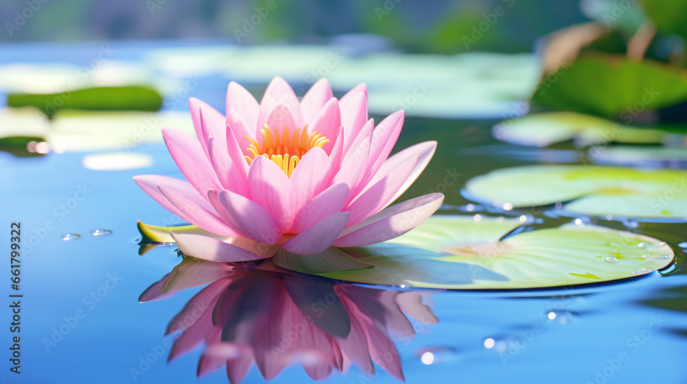 beautiful pink lotus flower on water with green floating leaves in beautiful sunlight