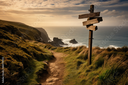 Wooden signpost near a path