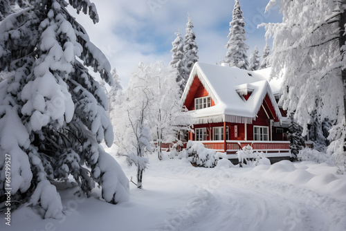 Snow-covered solitude, Serene wooden house nestled in a winter wonderland, © Jhon