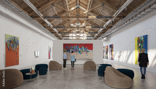 Obraz na płótnie Getaltung einer Ausstellungshalle in einem renovierten postindustriellen Gebäude – 3D-Visualisierung mit 3D-Charakteren w salonie