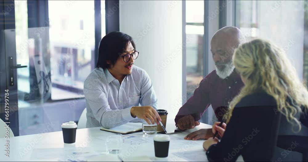 Business people, team and meeting with paperwork in office for discussion, project management and report feedback of results. Diversity, asian man and planning documents with group for collaboration