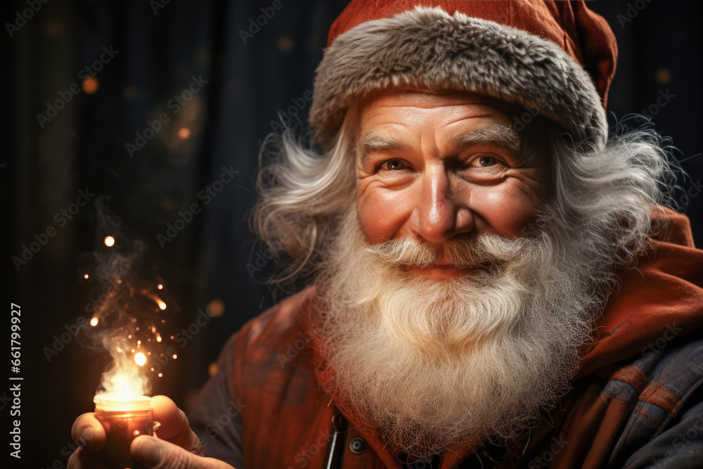 Smiling Santa Claus offering a magic light in his hands Papa Noel