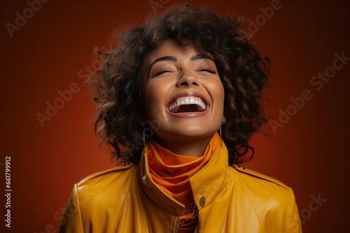 Smiling afro model girl with plain studio background dark orange and yellow