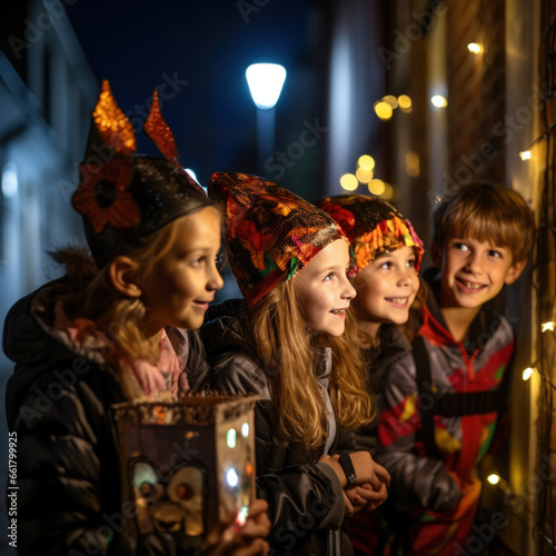 Children celebrating halloween night in the streets with their masks