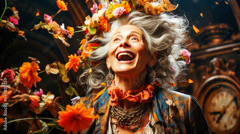 Embracing the Colorful Journey - an elderly lady laughing heartily. Embracing the Colorful Journey - an elderly lady laughing heartily.