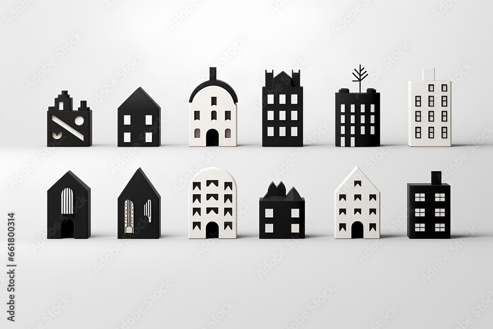 白と黒の住宅のアイコンセット（3D）楽しい街並みと街づくり。