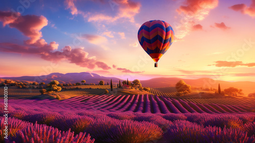 a beautiful colored air-balloon on a large lavender field at sunset with a beautiful sky