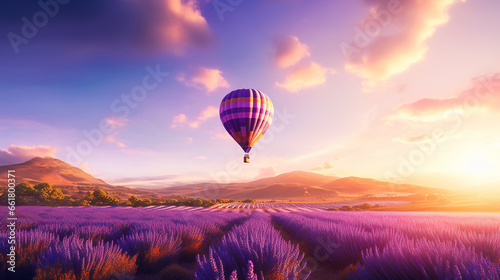 a beautiful colored balloon on a large lavender field at sunset with a beautiful sky
