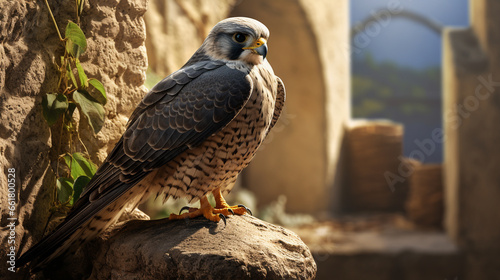 a beautiful bird of prey from the falcon family sits on the stone ruins of an old castle or house on a beautiful sunny day photo