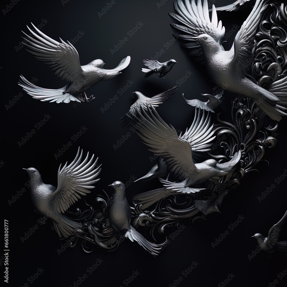 Obraz premium Elegant birds in silver. Perfect for fantasy, high fantasy, book covers, cards, invitations, games and more. 