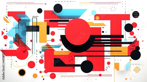 Modern artwork features deconstructed postmodern inspired abstract symbols with bold geometric shapes.