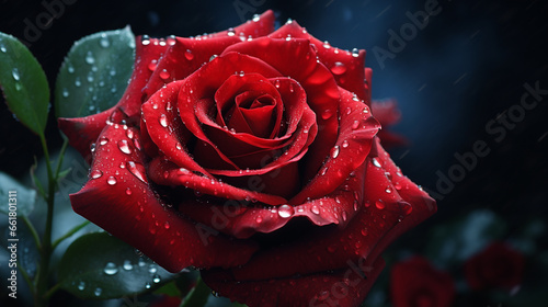 beautiful red rose with green leaves and water drops on petals close up and on dark background