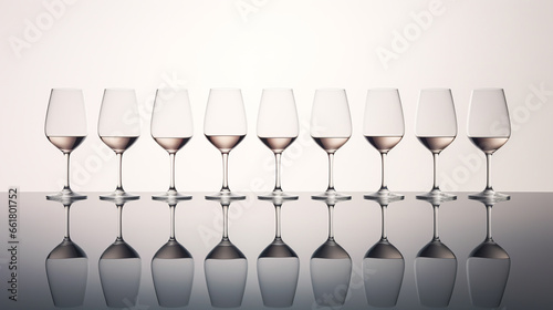 beautiful wine glasses stand in a row on a glass surface with reflection and have the same amount of drink poured into them less than half, beautiful white illuminated background