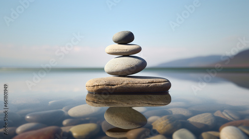 several smooth pebbles stand on top of each other in perfect balance on the water