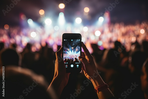 A person recording a music concert with his cell phone photo