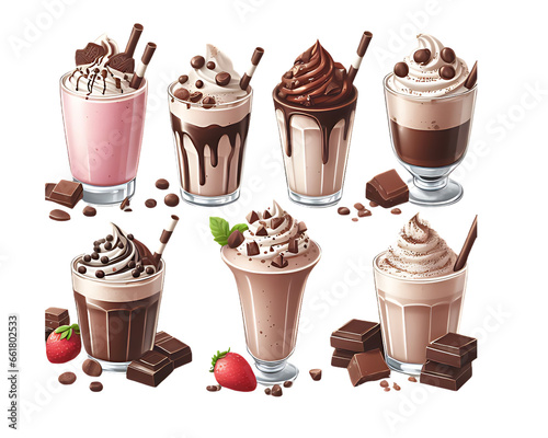 Chocolate milkshake PNG set isolated on a transparent background.