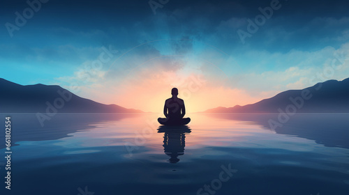 silhouette of a person meditating on the surface of calm water in which it is reflected, on the background a beautiful blue pink sky and mountains