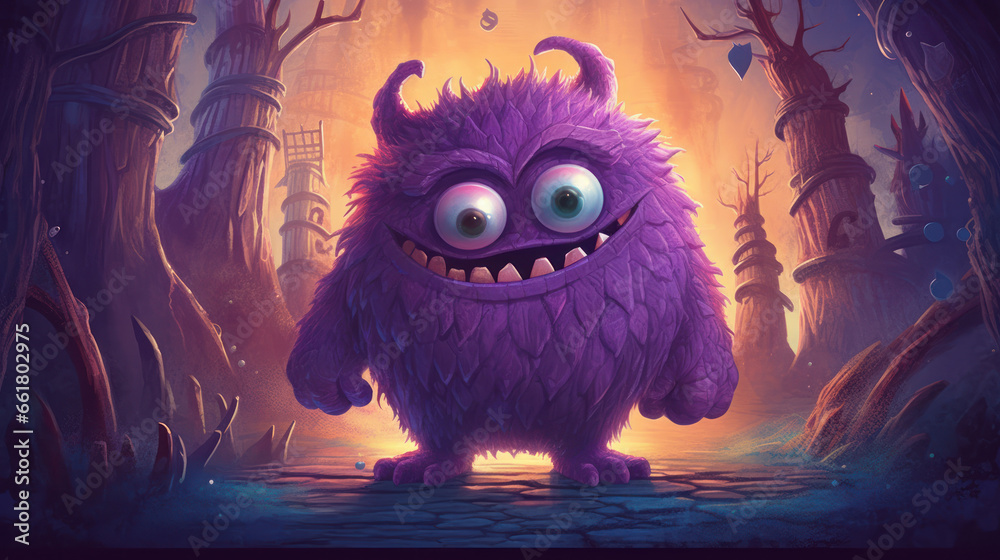 Illustration of a monster in shades of purple. Halloween. - obrazy, fototapety, plakaty 