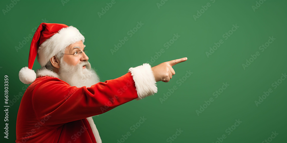 Santa Claus pointing in front of a plain green background Santa Claus pointing in front of a plain green background