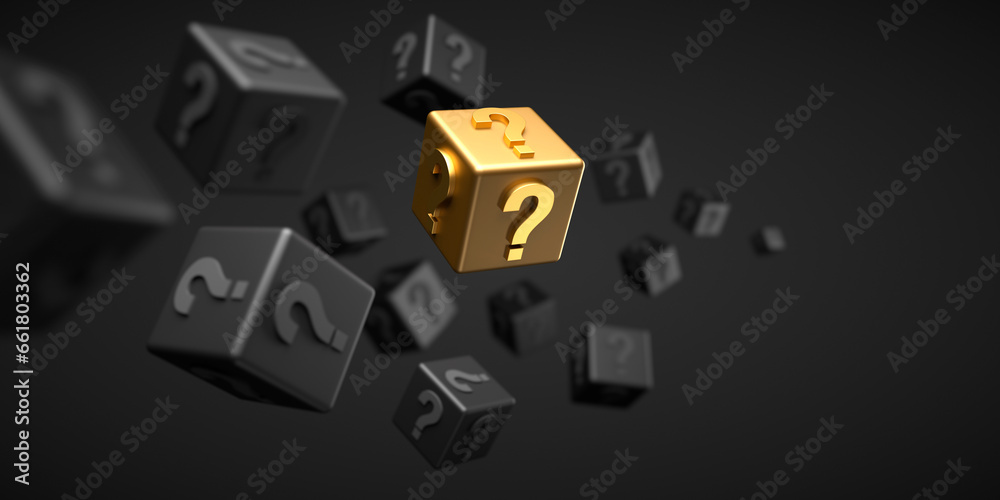 Black cubes and gold cube with question marks floating on black background - 3D illustration - obrazy, fototapety, plakaty 