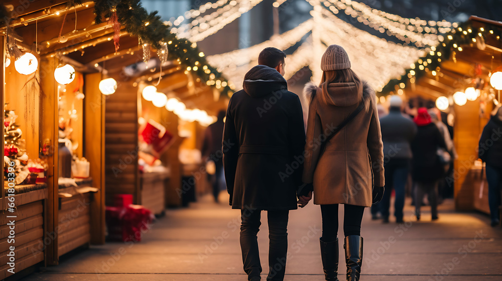a young couple seen from behind walking in a christmas market a young couple seen from behind walking in a christmas market