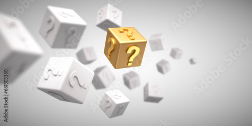 White cubes and gold cube with question marks floating on black background - 3D illustration photo