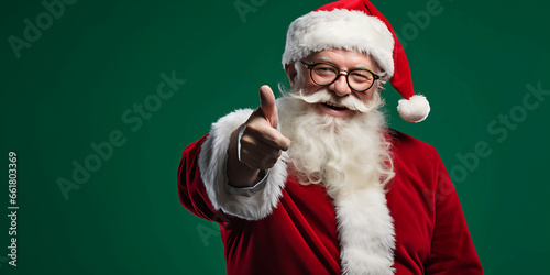 Santa Claus pointing in front of a plain green background