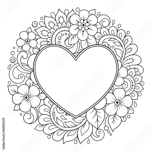 Frame in eastern tradition. Stylized with henna tattoos decorative pattern for decorating covers for book, notebook, casket, magazine, postcard and folder. Flower Heart in mehndi style.
