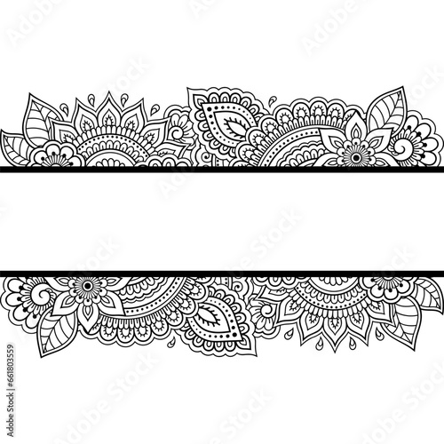 Frame in eastern tradition. Stylized with henna tattoos decorative pattern for decorating covers for book, notebook, casket, magazine, postcard and folder. Flower border in mehndi style.