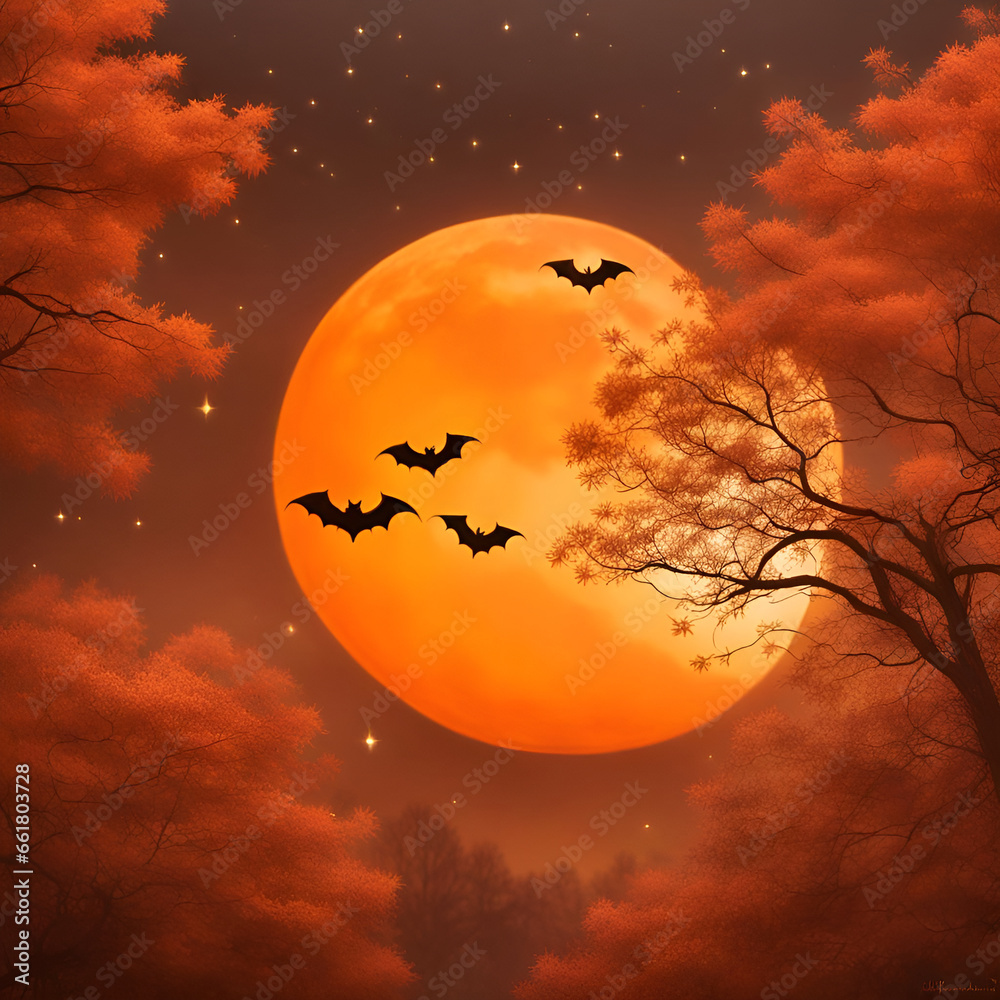 Concept of Halloween. Sunset landscape with bats and autumn trees. Digital illustration. CG Artwork Background Concept of Halloween. Sunset landscape with bats and autumn trees. Digital illustration. CG Artwork Background