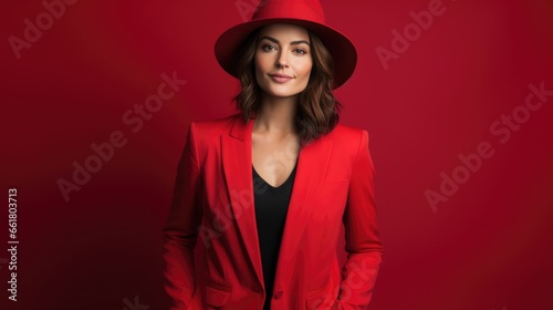Brunette woman in red fashionable clothes on a red background. Women's beauty and fashion.