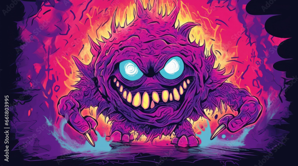 Illustration of a monster in shades of vivid purple. Halloween.